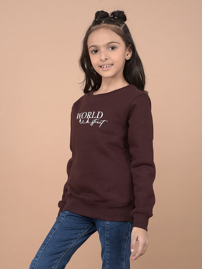 Brown Typographic Print Sweatshirt-Girls Sweatshirts-Crimsoune Club