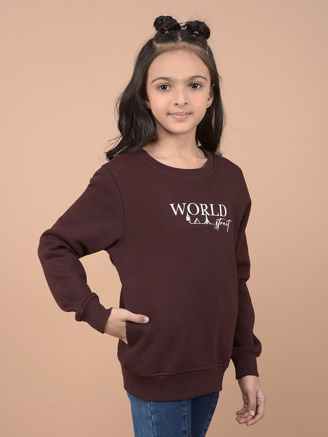 Brown Typographic Print Sweatshirt-Girls Sweatshirts-Crimsoune Club