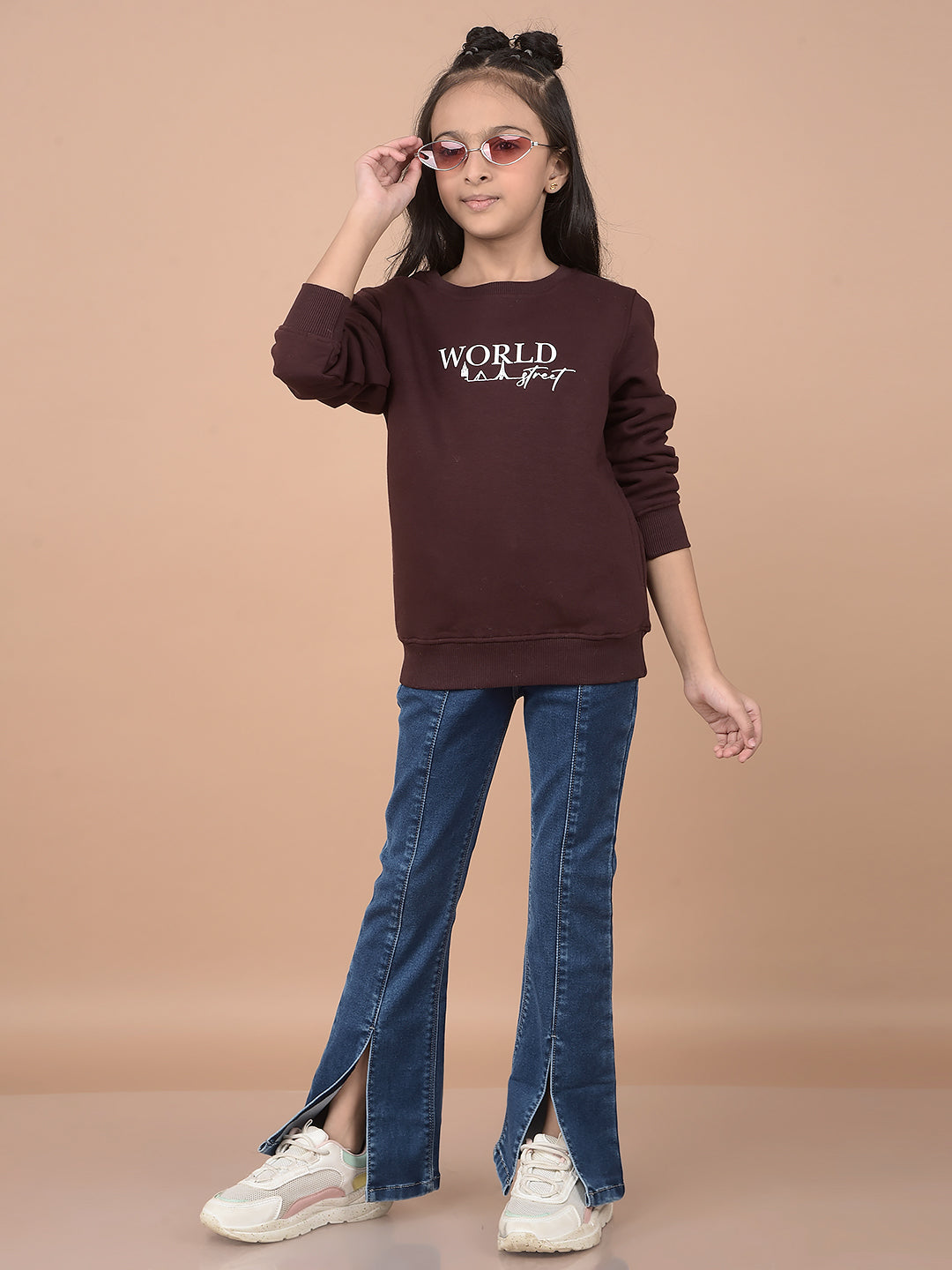 Brown Typographic Print Sweatshirt-Girls Sweatshirts-Crimsoune Club