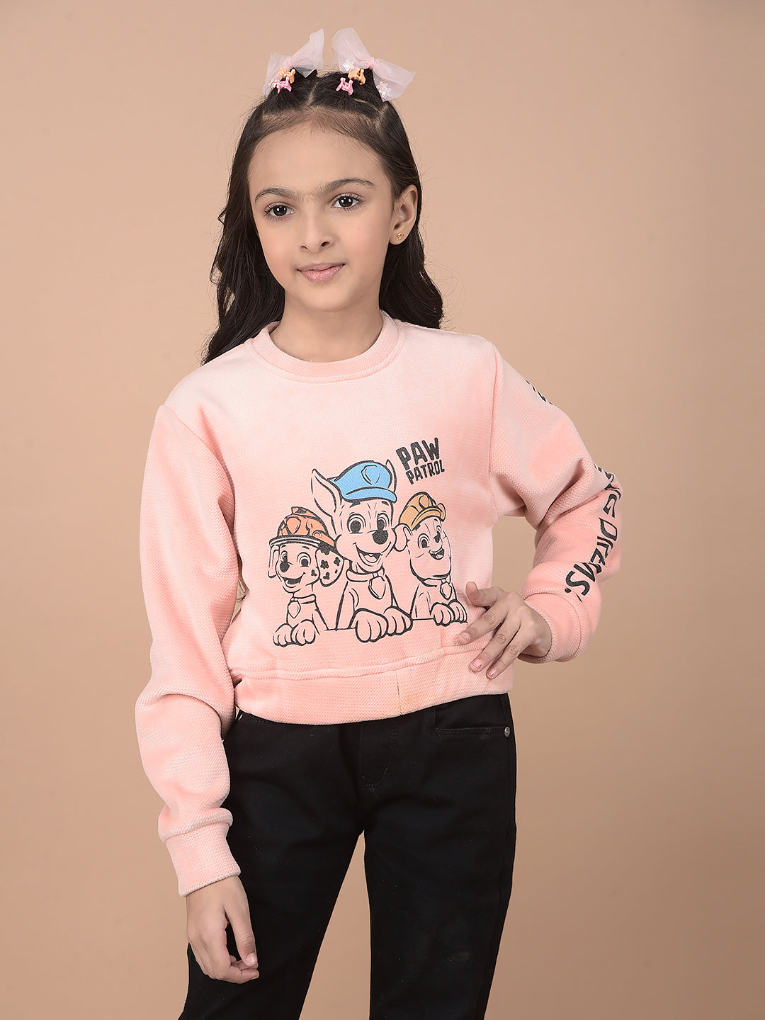 Pink Graphic Print Crop-Length Sweatshirt-Girls Sweatshirts-Crimsoune Club