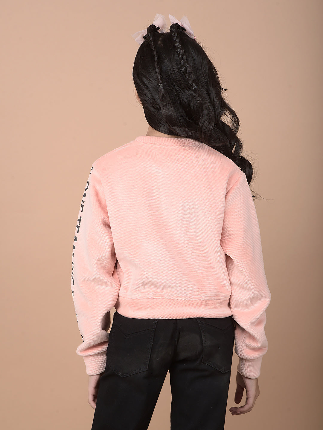 Pink Graphic Print Crop-Length Sweatshirt-Girls Sweatshirts-Crimsoune Club