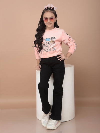 Pink Graphic Print Crop-Length Sweatshirt-Girls Sweatshirts-Crimsoune Club