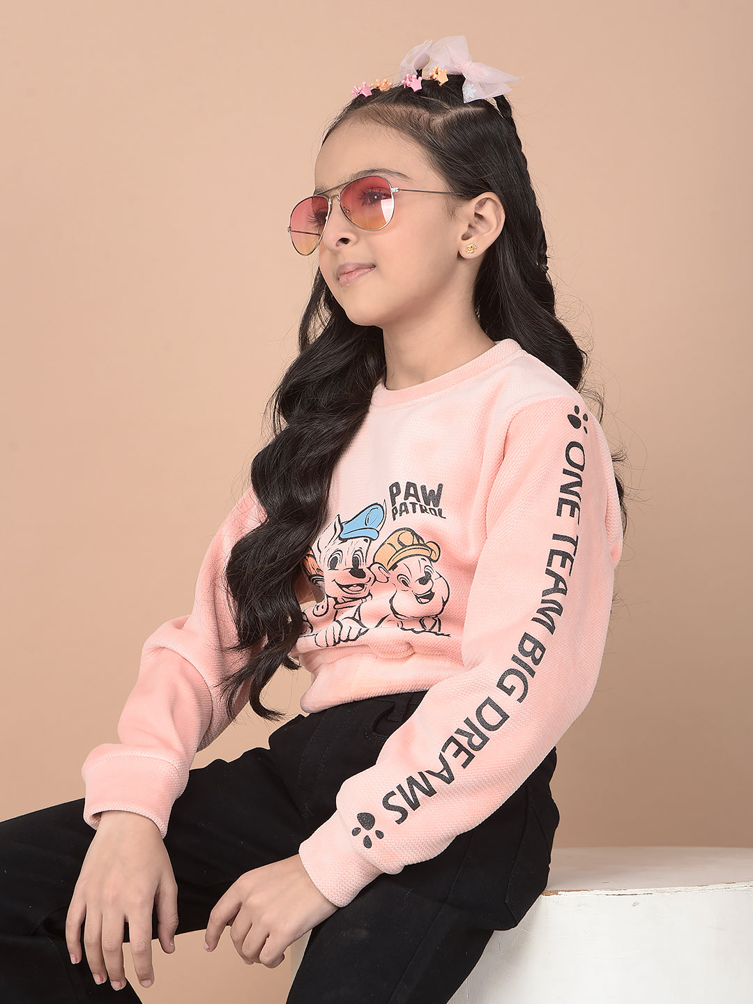 Pink Graphic Print Crop-Length Sweatshirt-Girls Sweatshirts-Crimsoune Club