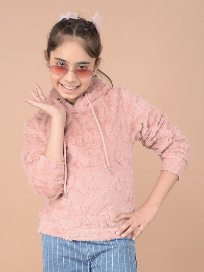 Peach Hooded Neck Self-Design Fur Sweatshirt-Girls Sweatshirts-Crimsoune Club