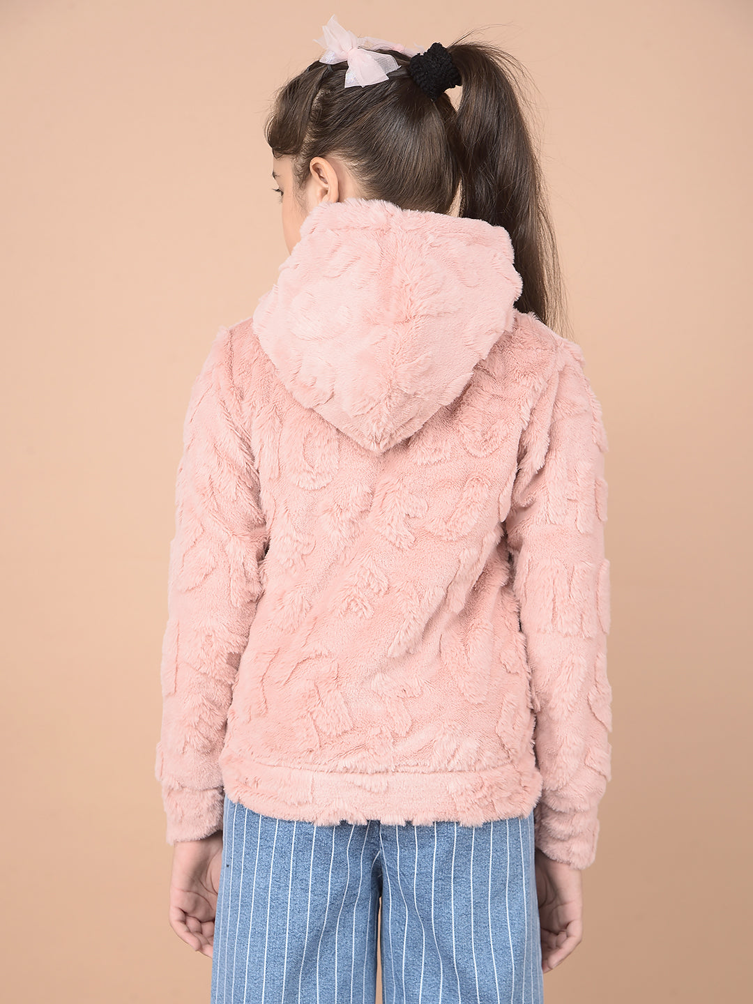 Peach Hooded Neck Self-Design Fur Sweatshirt-Girls Sweatshirts-Crimsoune Club