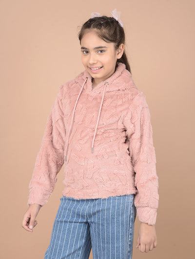 Peach Hooded Neck Self-Design Fur Sweatshirt-Girls Sweatshirts-Crimsoune Club