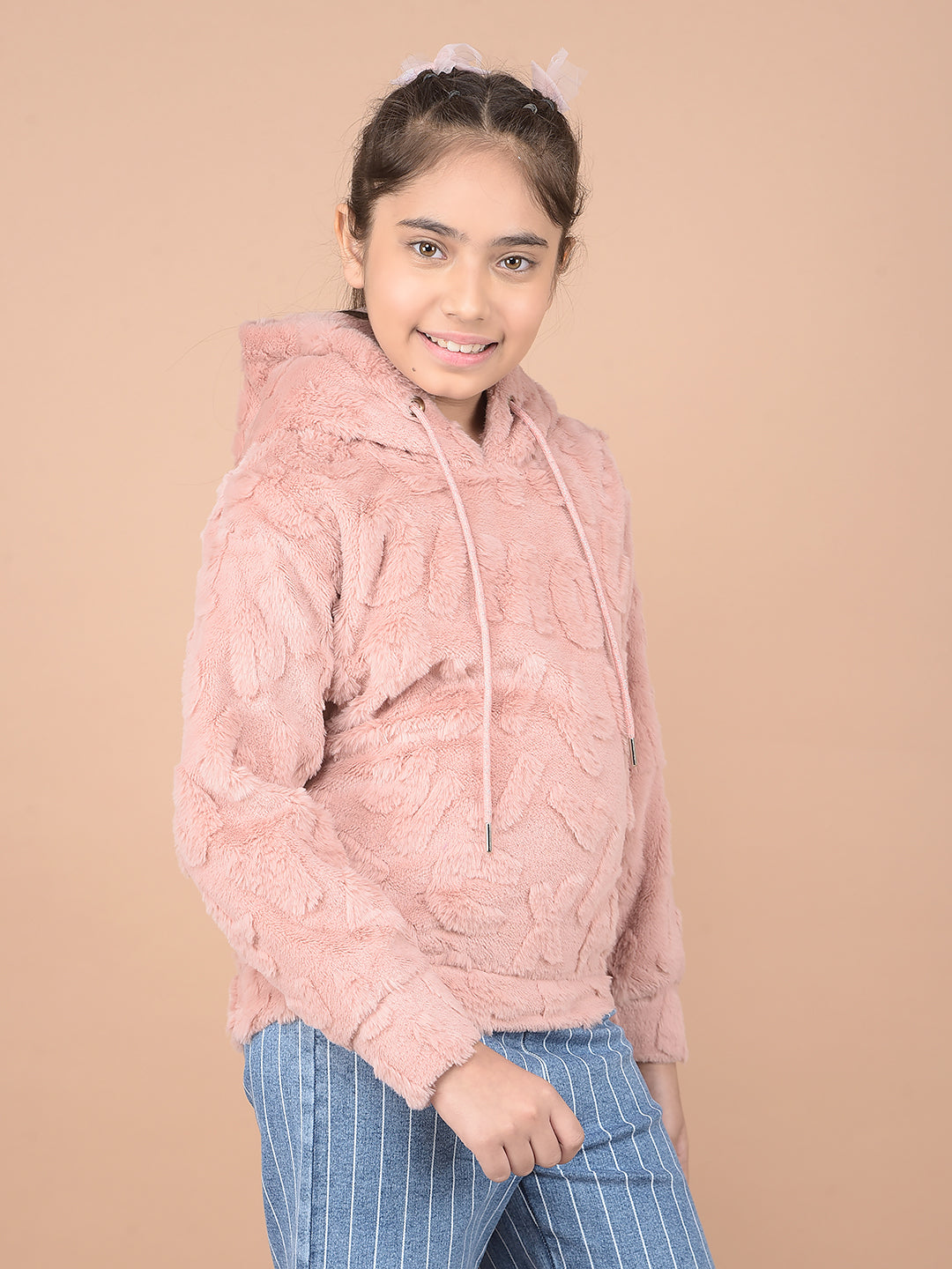 Peach Hooded Neck Self-Design Fur Sweatshirt-Girls Sweatshirts-Crimsoune Club