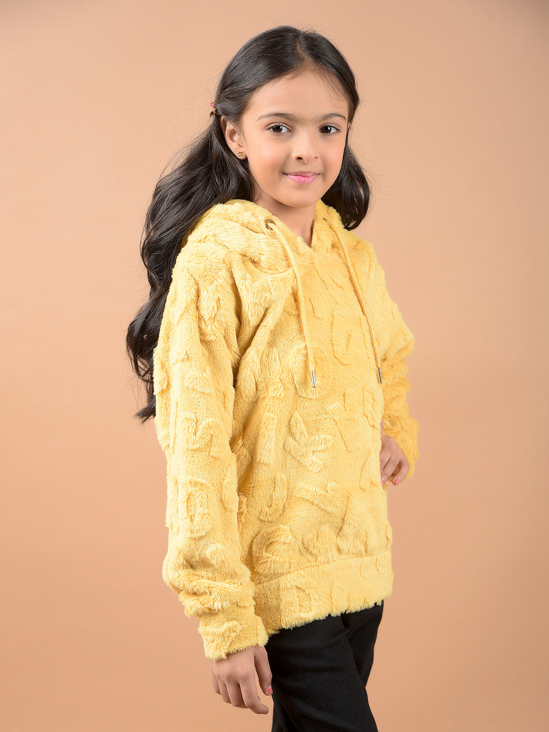 Mustard Jacquard Hooded Neck Sweatshirt-Girls Sweatshirts-Crimsoune Club