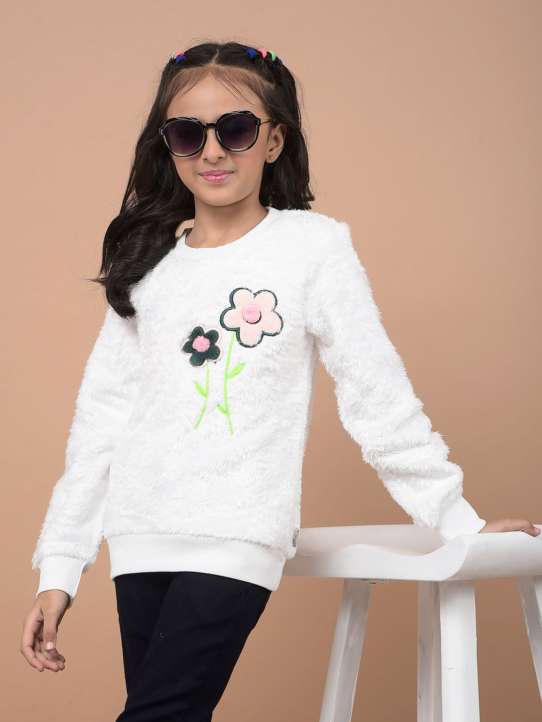 White Round Neck Sweatshirt-Girls Sweatshirts-Crimsoune Club