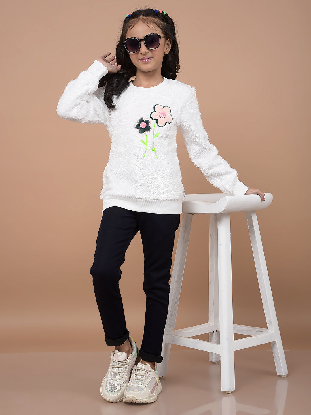 White Round Neck Sweatshirt-Girls Sweatshirts-Crimsoune Club