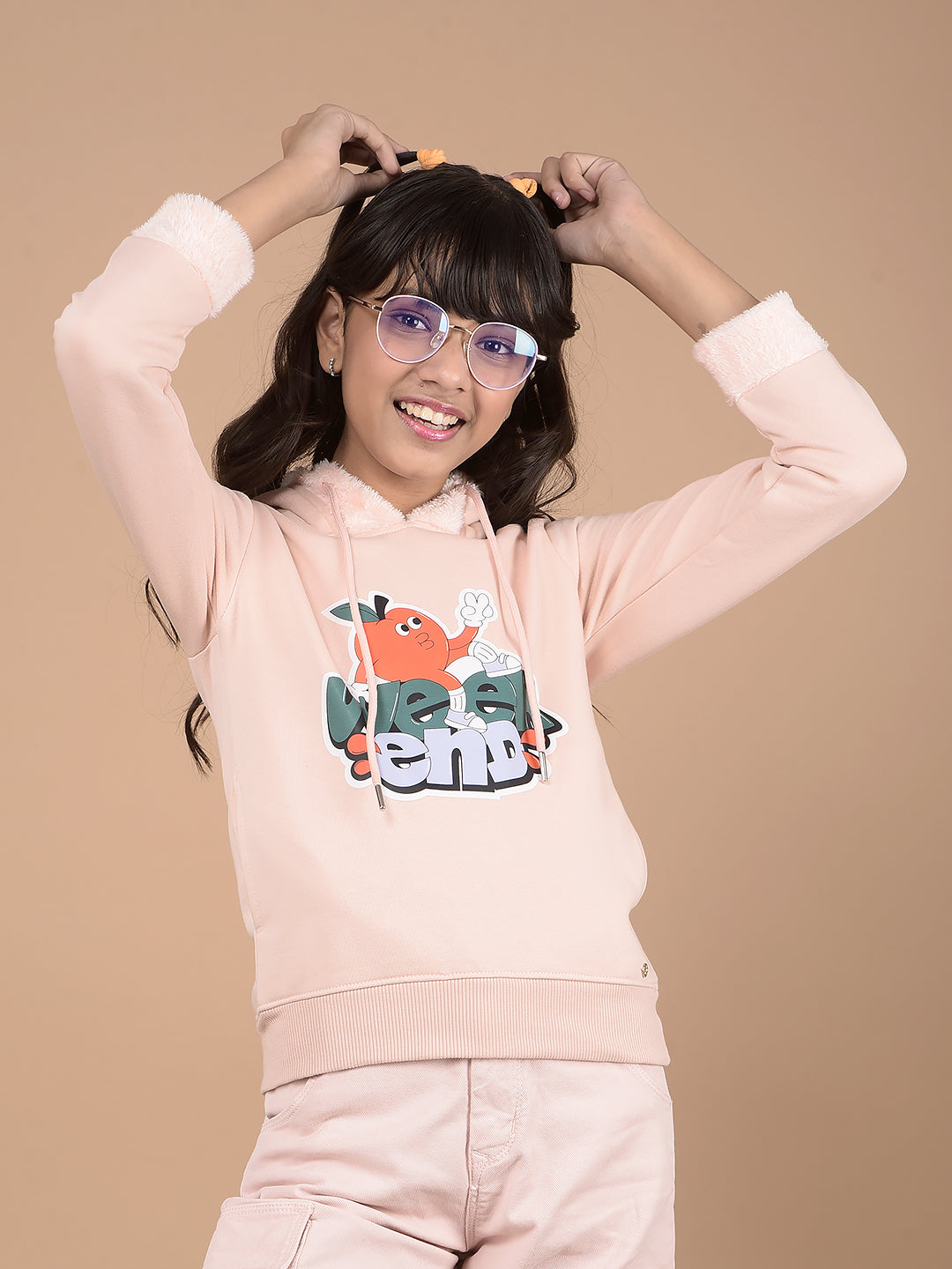 Peach Graphic Print Hooded Neck Sweatshirt-Girls Sweatshirts-Crimsoune Club