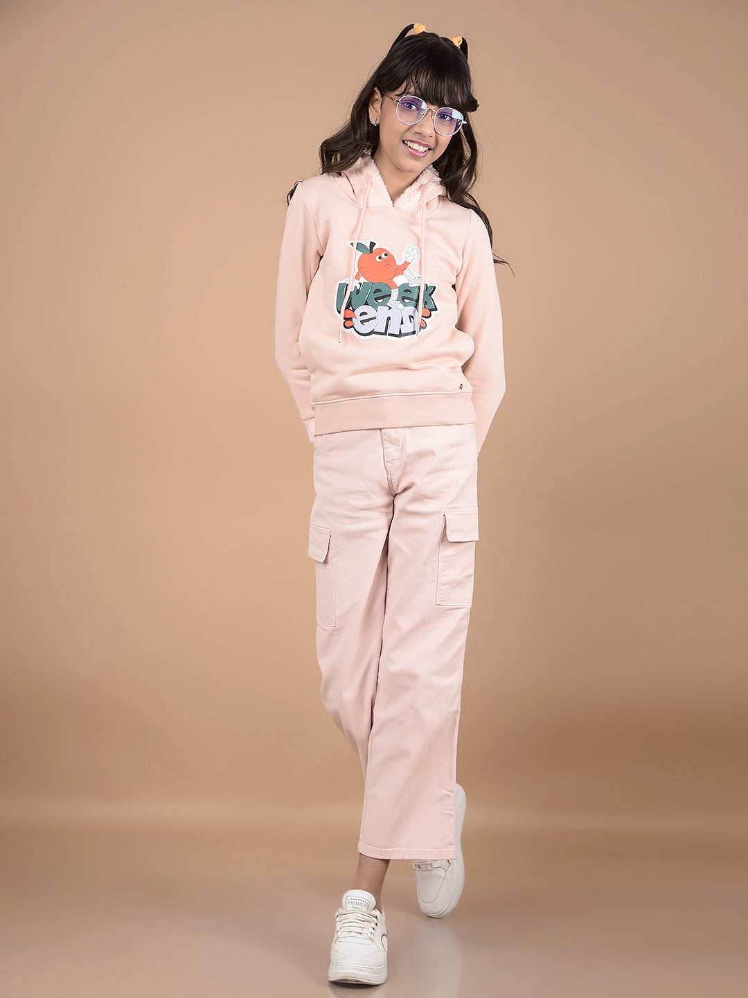 Peach Graphic Print Hooded Neck Sweatshirt-Girls Sweatshirts-Crimsoune Club