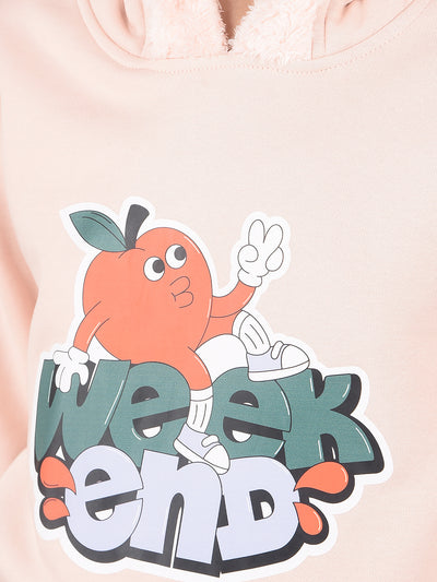 Peach Graphic Print Hooded Neck Sweatshirt