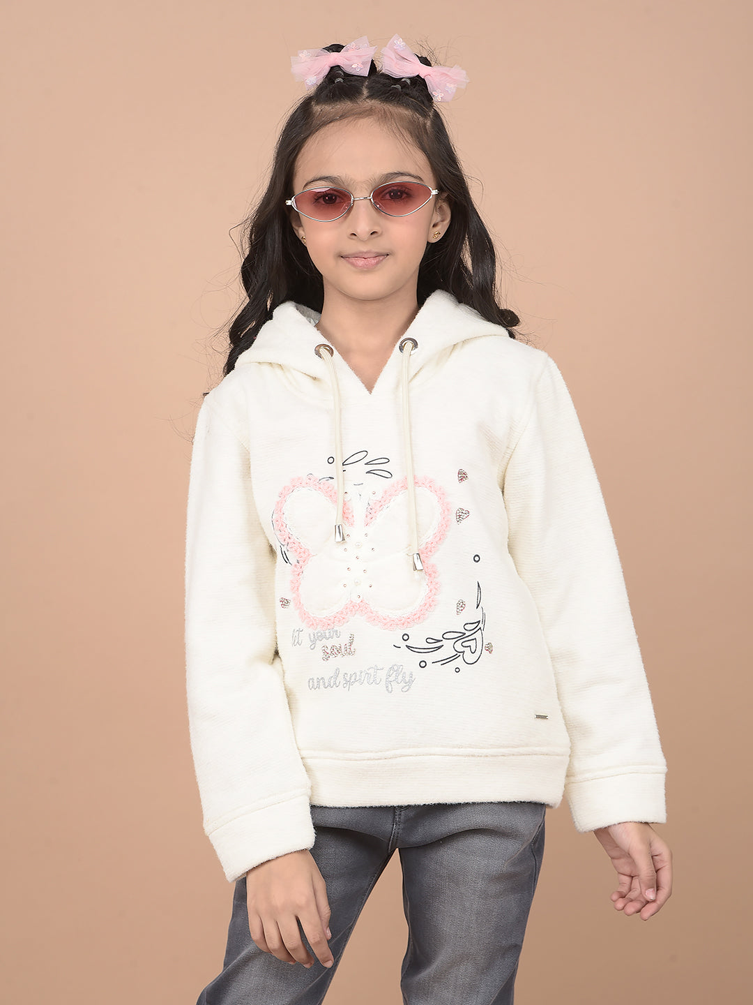 Cream Embroidered Hooded Neck Sweatshirt-Girls Sweatshirts-Crimsoune Club