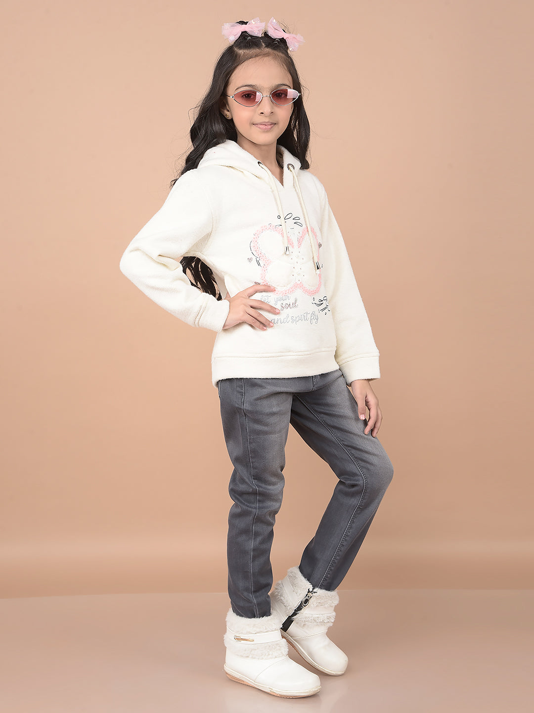 Cream Embroidered Hooded Neck Sweatshirt-Girls Sweatshirts-Crimsoune Club