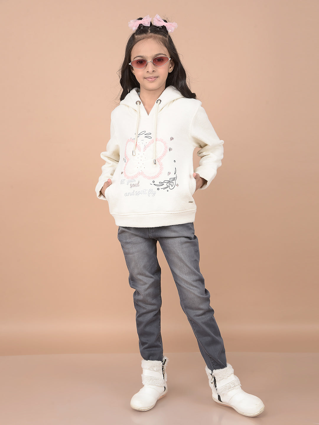 Cream Embroidered Hooded Neck Sweatshirt-Girls Sweatshirts-Crimsoune Club