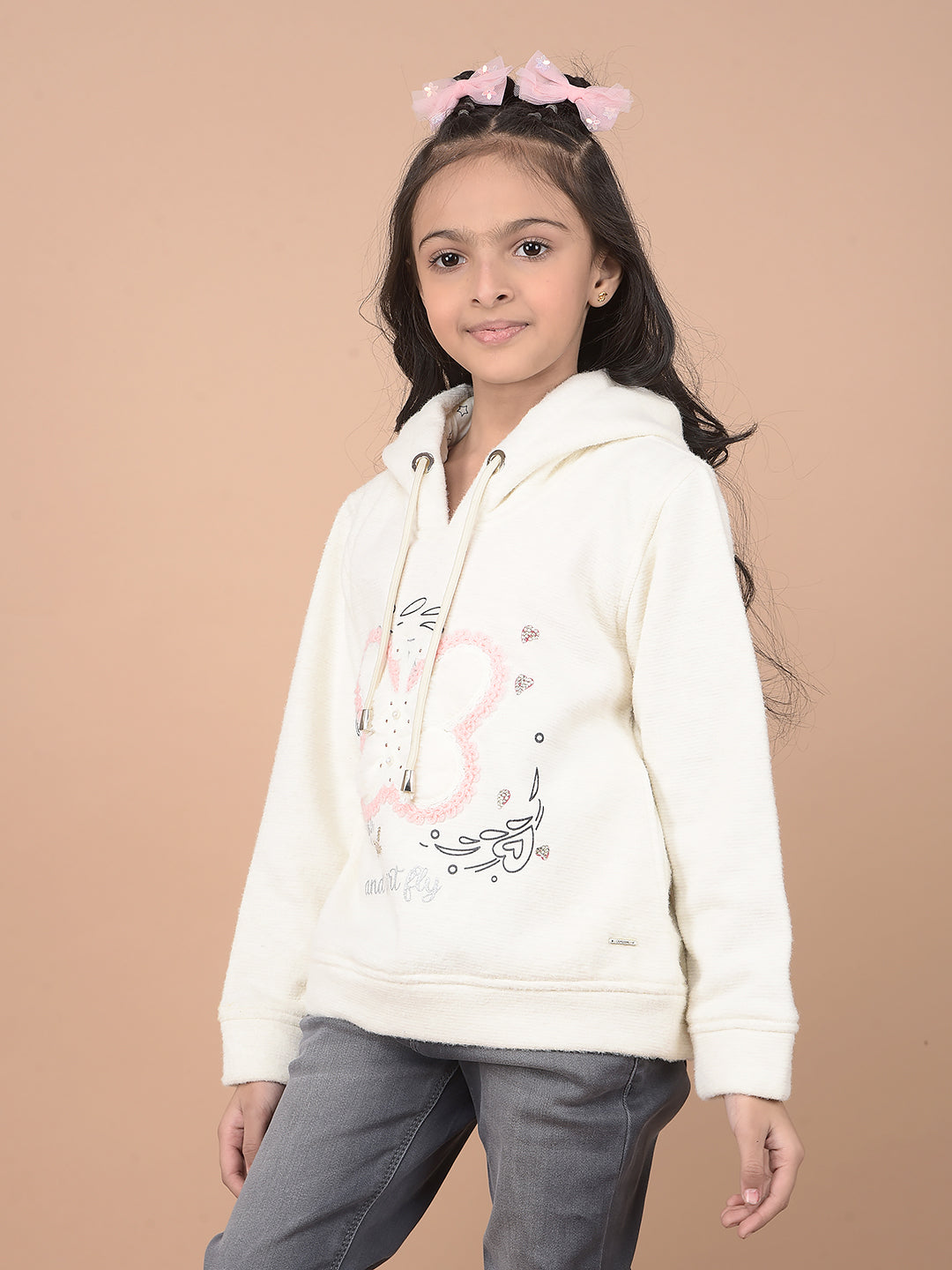 Cream Embroidered Hooded Neck Sweatshirt