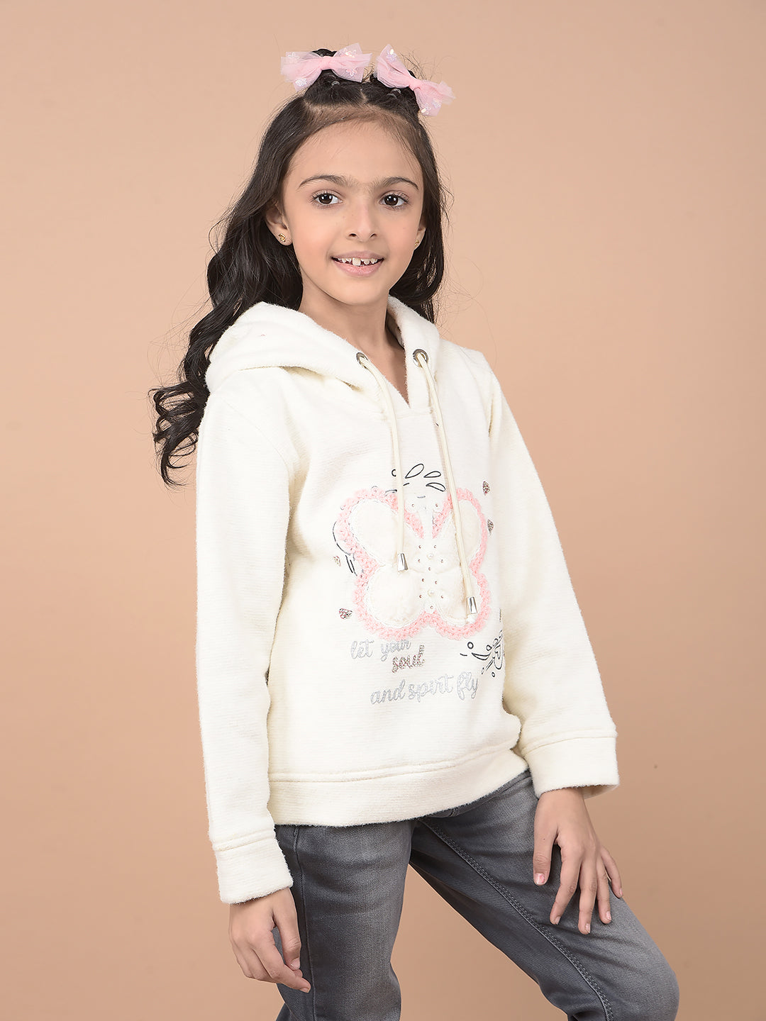 Cream Embroidered Hooded Neck Sweatshirt-Girls Sweatshirts-Crimsoune Club