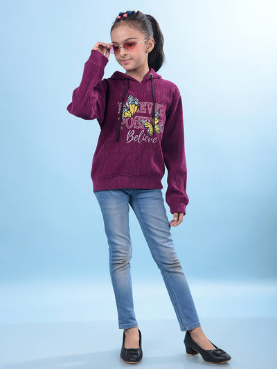 Purple Self-Design Hooded Neck Sweatshirt-Girls Sweatshirts-Crimsoune Club