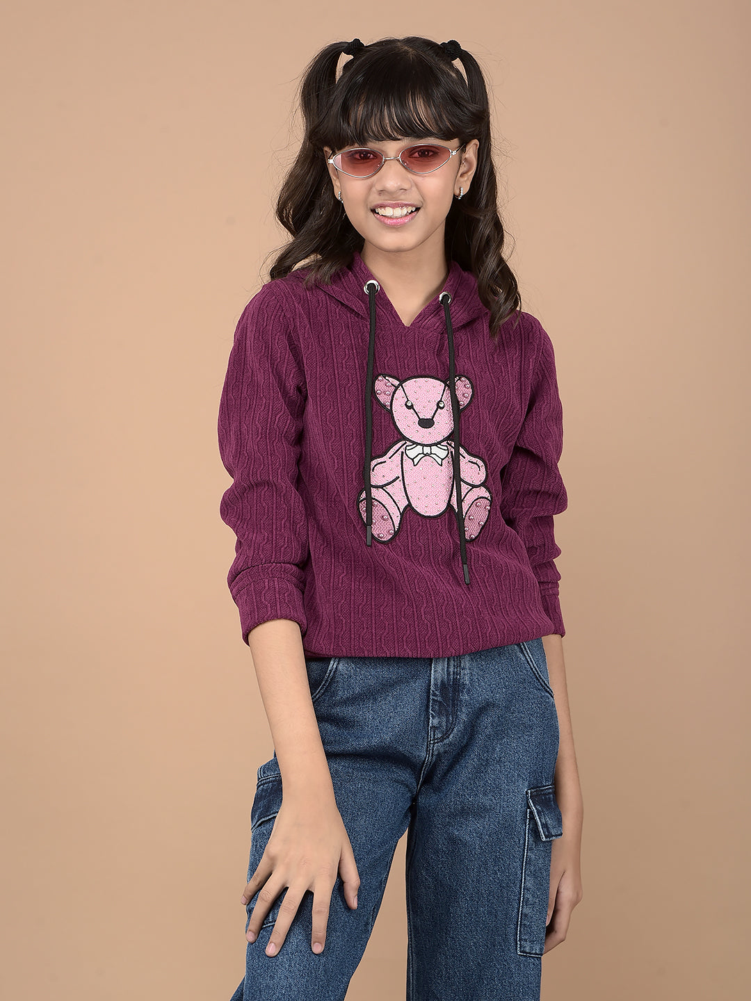 Purple Self-Design Hooded Neck Sweatshirt