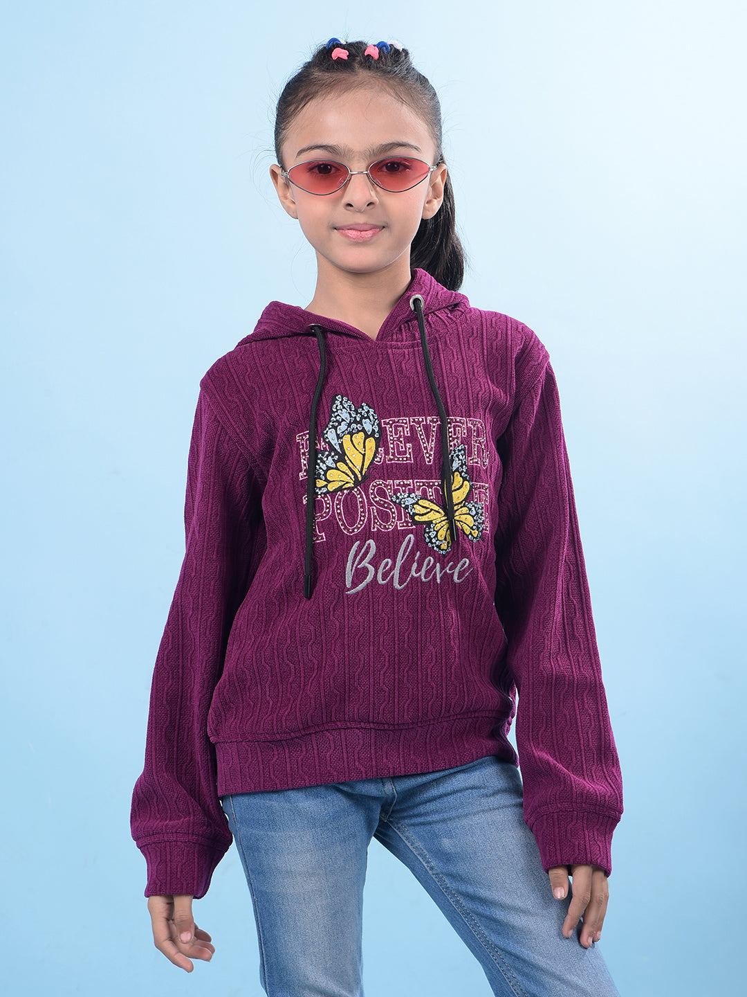 Purple Self-Design Hooded Neck Sweatshirt-Girls Sweatshirts-Crimsoune Club