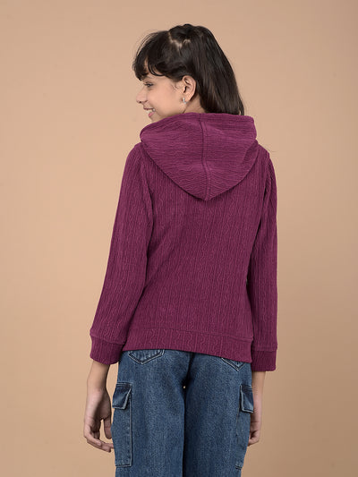 Purple Self-Design Hooded Neck Sweatshirt