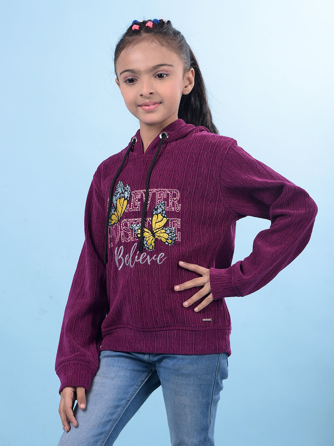 Purple Self-Design Hooded Neck Sweatshirt-Girls Sweatshirts-Crimsoune Club