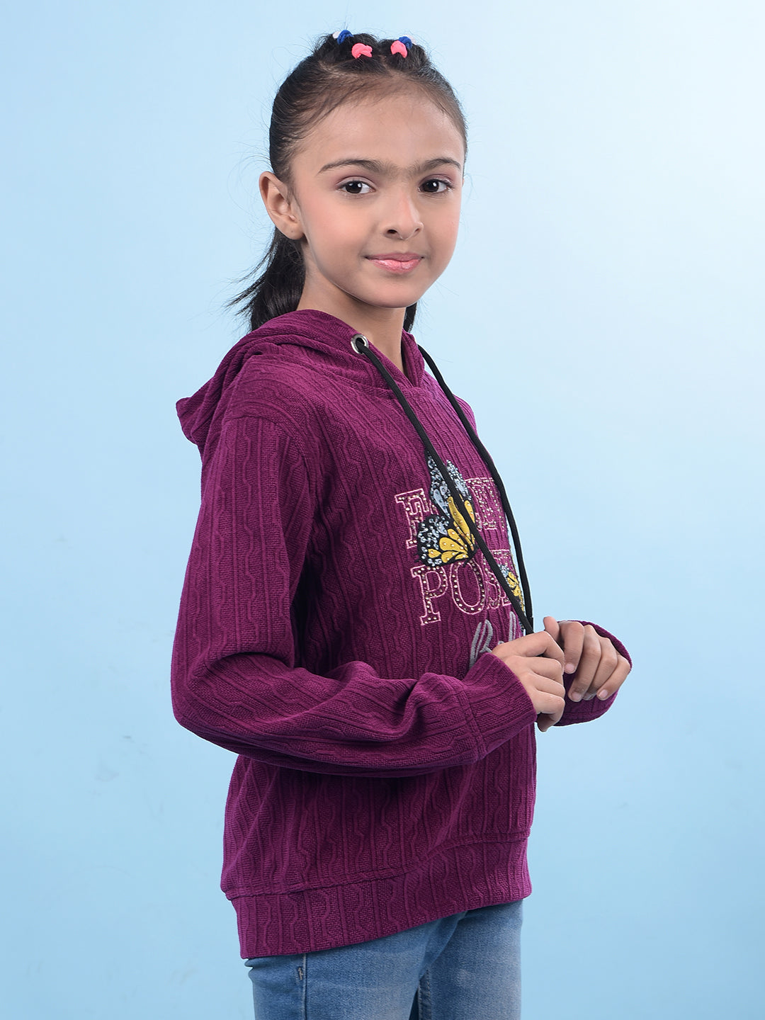 Purple Self-Design Hooded Neck Sweatshirt-Girls Sweatshirts-Crimsoune Club