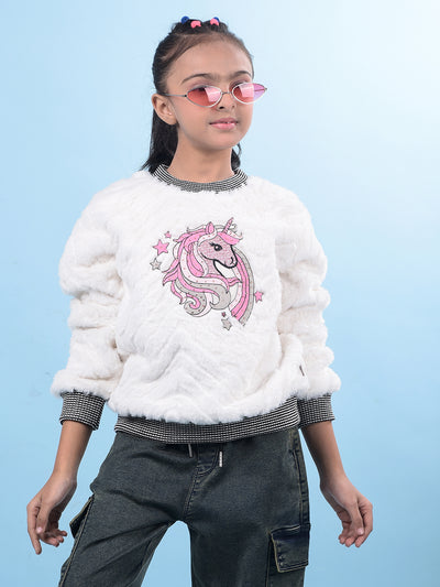 White Embellished Fur Sweatshirt-Girls Sweatshirts-Crimsoune Club