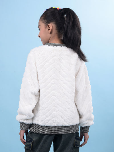 White Embellished Fur Sweatshirt-Girls Sweatshirts-Crimsoune Club