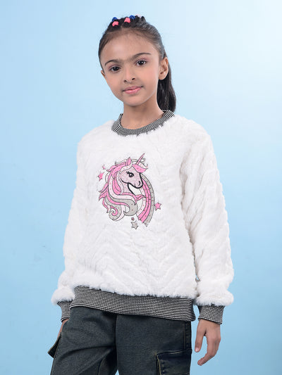 White Embellished Fur Sweatshirt-Girls Sweatshirts-Crimsoune Club