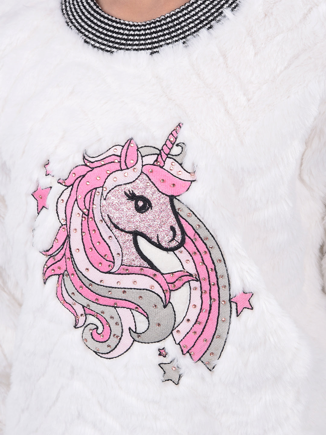 White Embellished Fur Sweatshirt-Girls Sweatshirts-Crimsoune Club