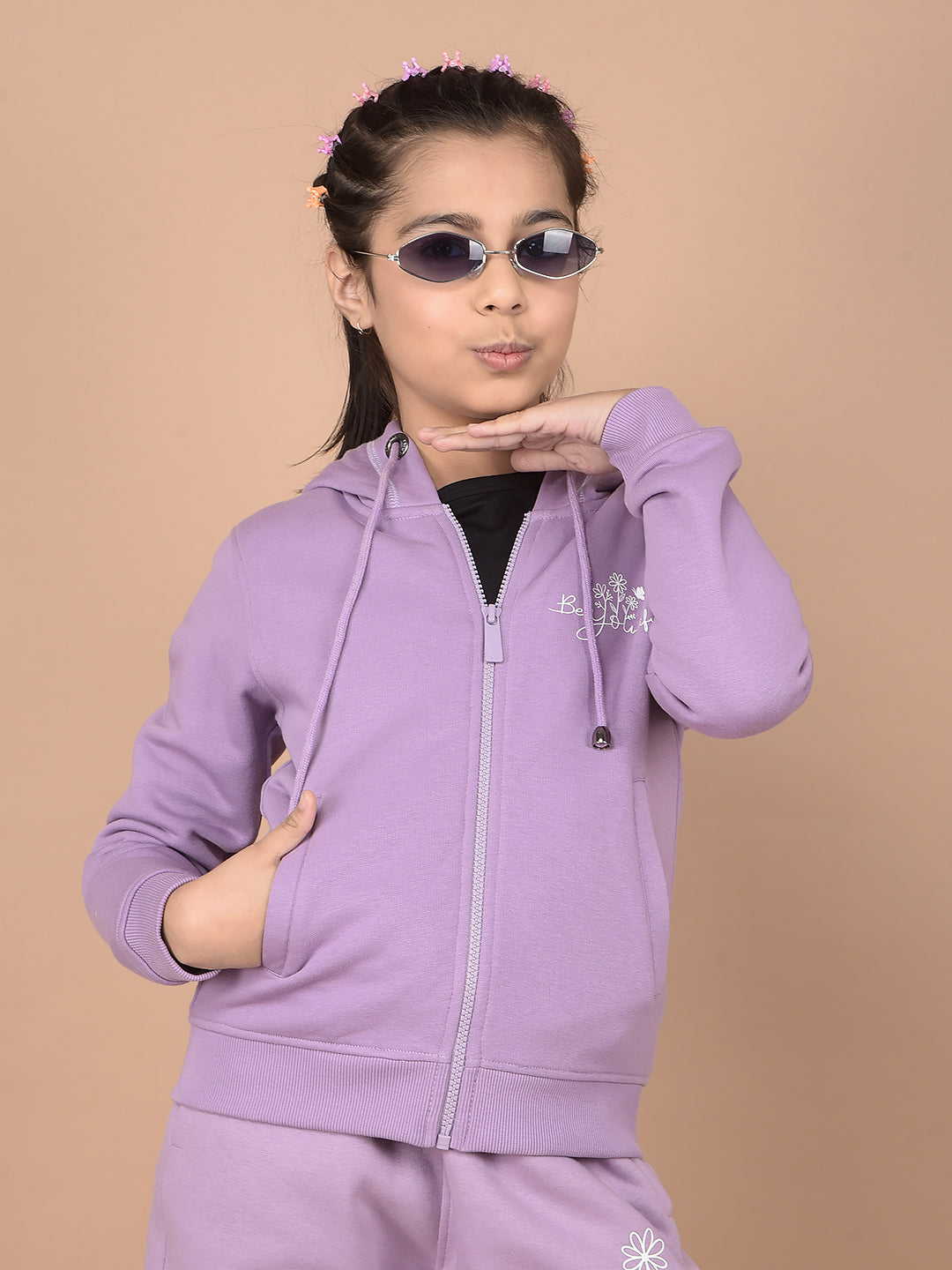 Purple Typographic Print Hooded Neck Sweatshirt-Girls Sweatshirts-Crimsoune Club