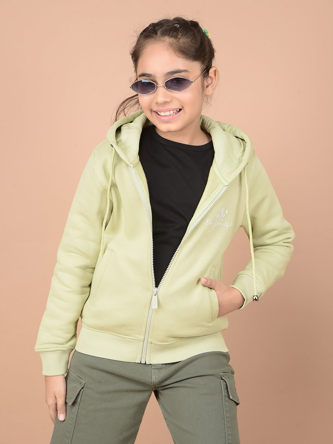 Green Typographic Print Hooded Neck Sweatshirt-Girls Sweatshirts-Crimsoune Club