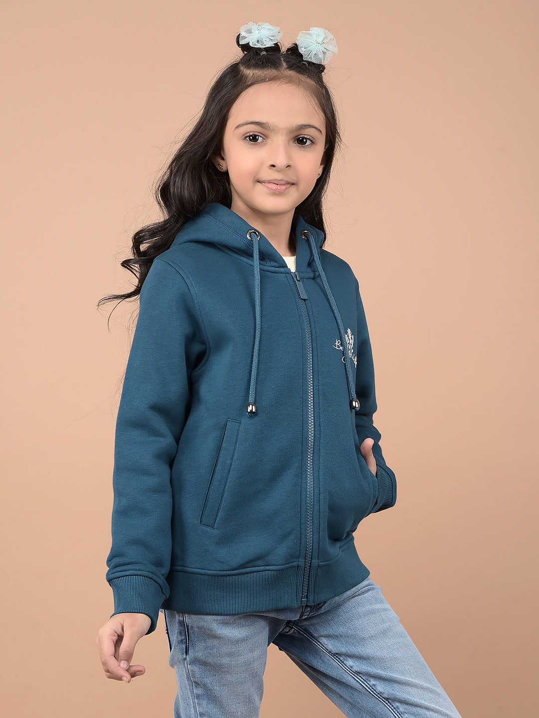 Blue Typographic Print Hooded Neck Sweatshirt-Girls Sweatshirts-Crimsoune Club