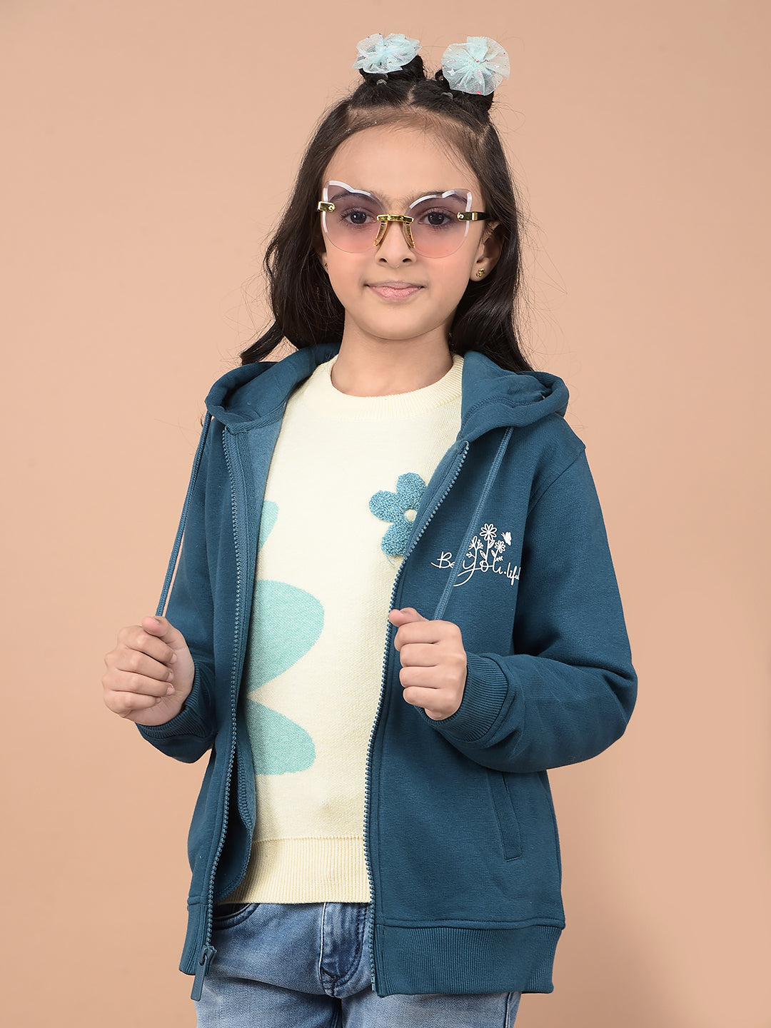 Blue Typographic Print Hooded Neck Sweatshirt-Girls Sweatshirts-Crimsoune Club