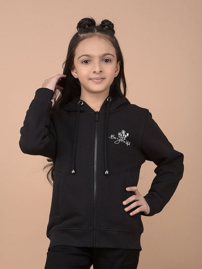 Black Typographic Print Hooded Neck Sweatshirt-Girls Sweatshirts-Crimsoune Club