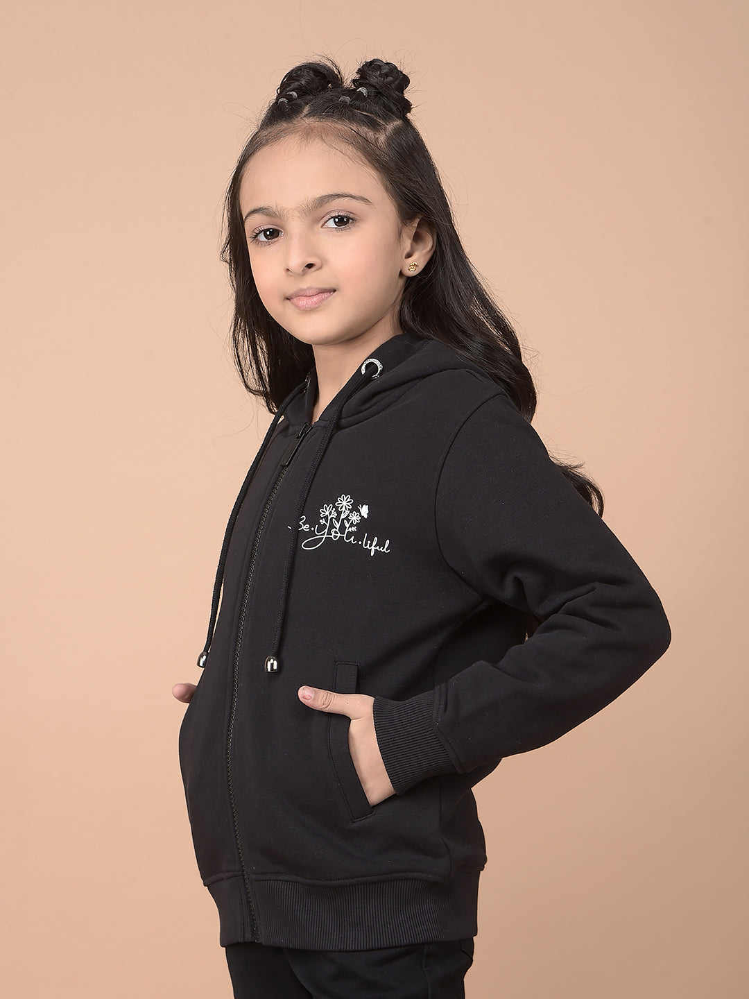 Black Typographic Print Hooded Neck Sweatshirt-Girls Sweatshirts-Crimsoune Club