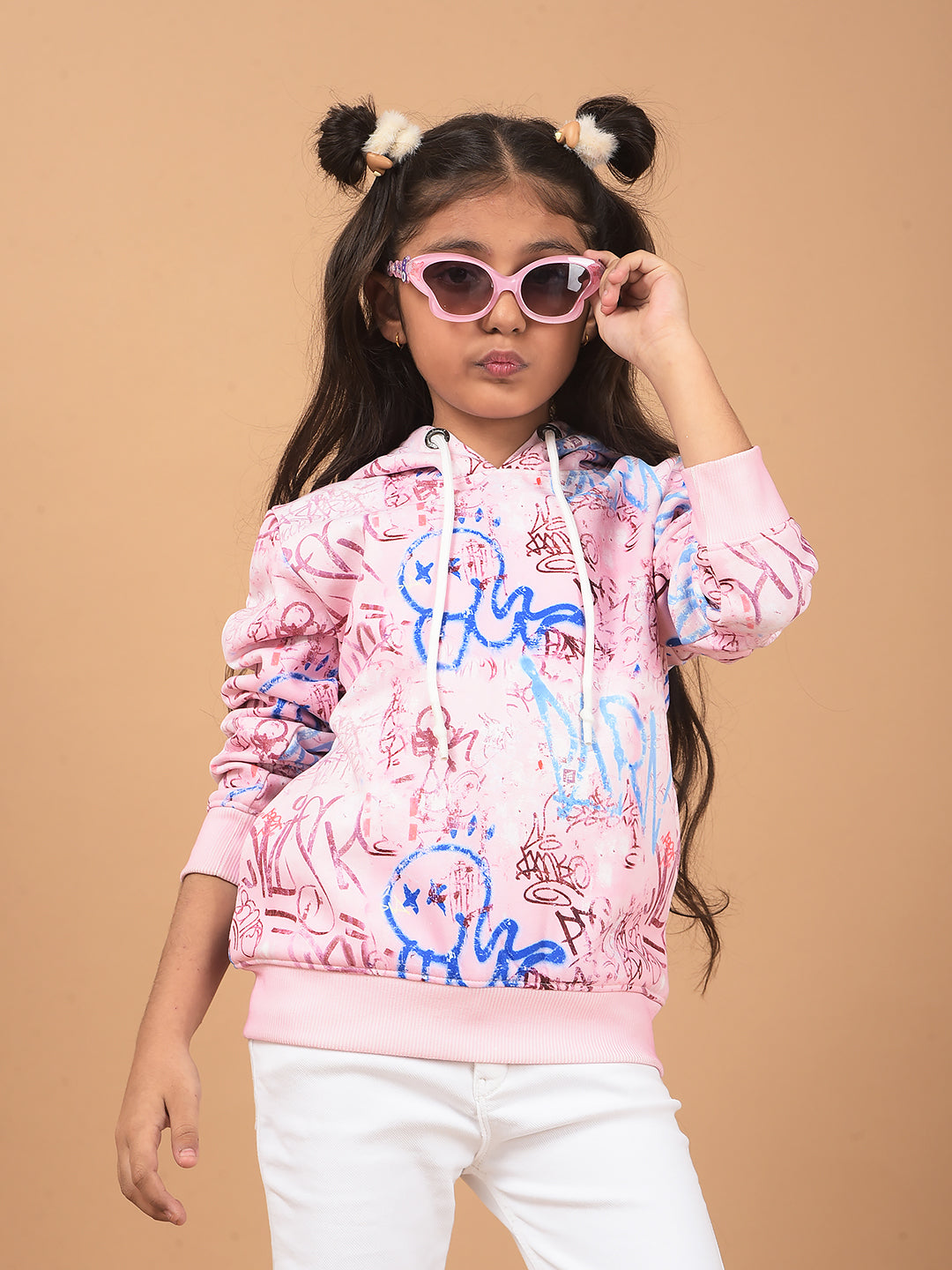 Pink Printed Hooded Neck Sweatshirt