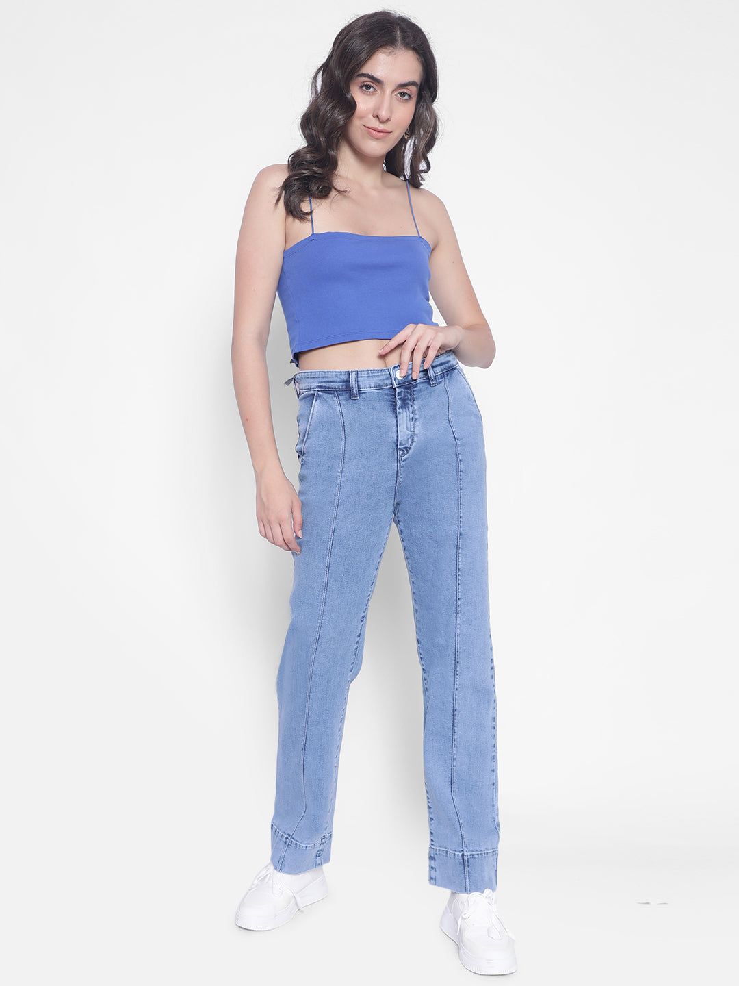 Light Blue Straight Jeans-Women Jeans-Crimsoune Club