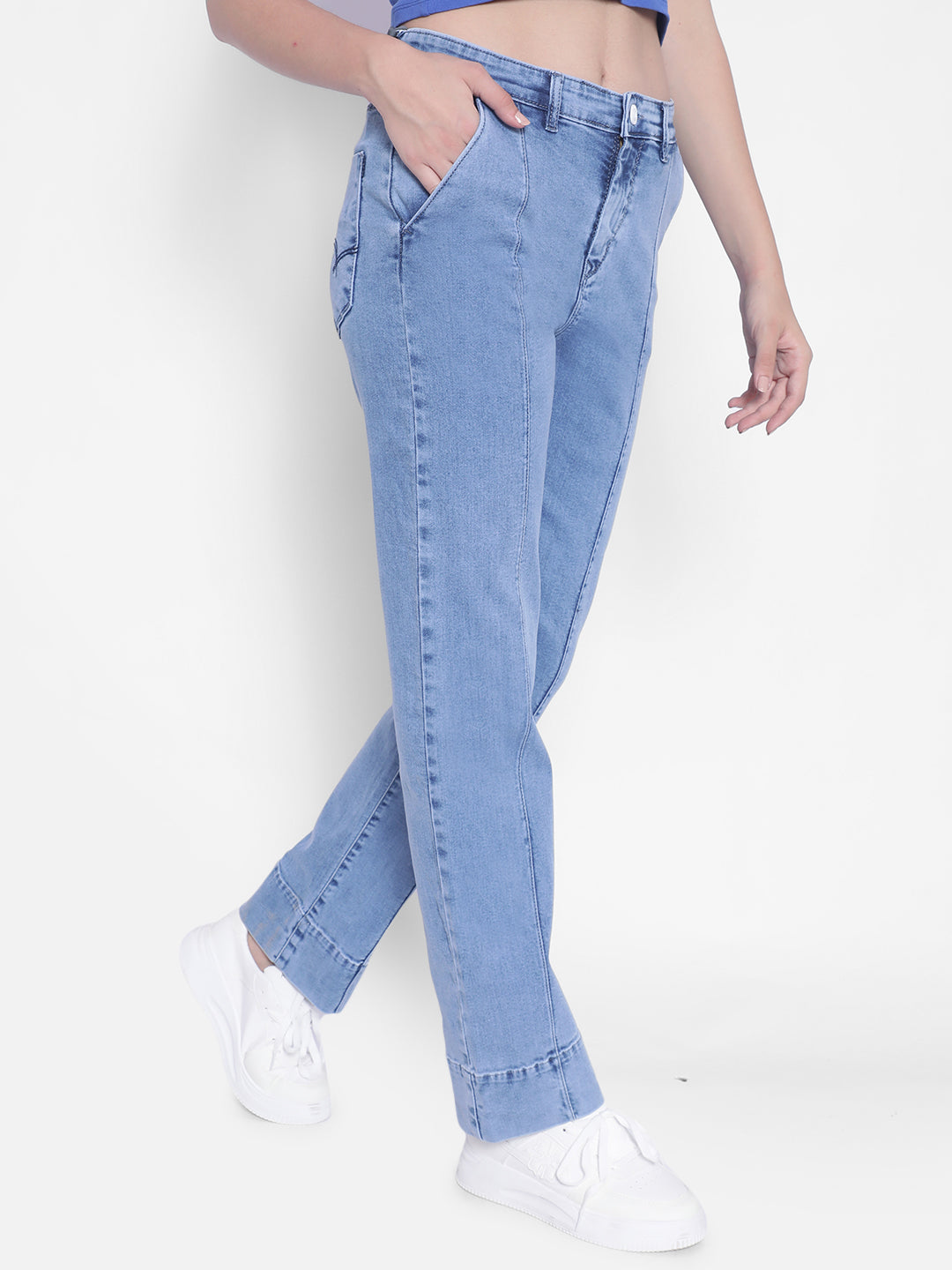 Light Blue Straight Jeans-Women Jeans-Crimsoune Club