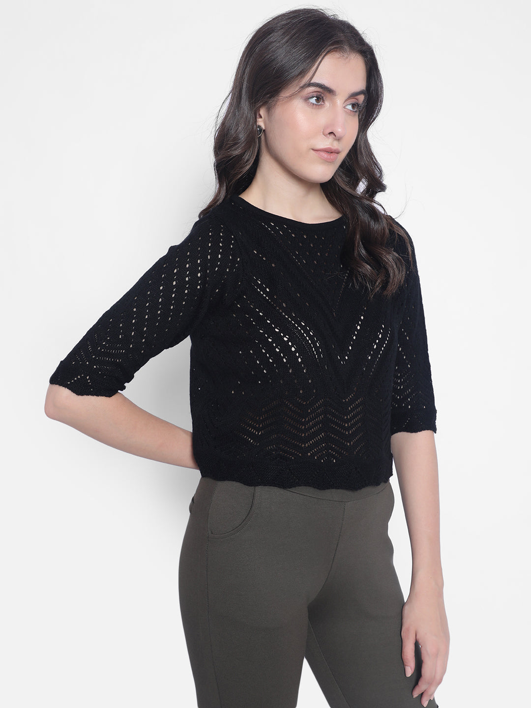 Black Crop Length Sweaters-Women Sweaters-Crimsoune Club