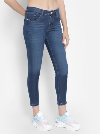 Blue Ankle Length Jeans-Women Jeans-Crimsoune Club