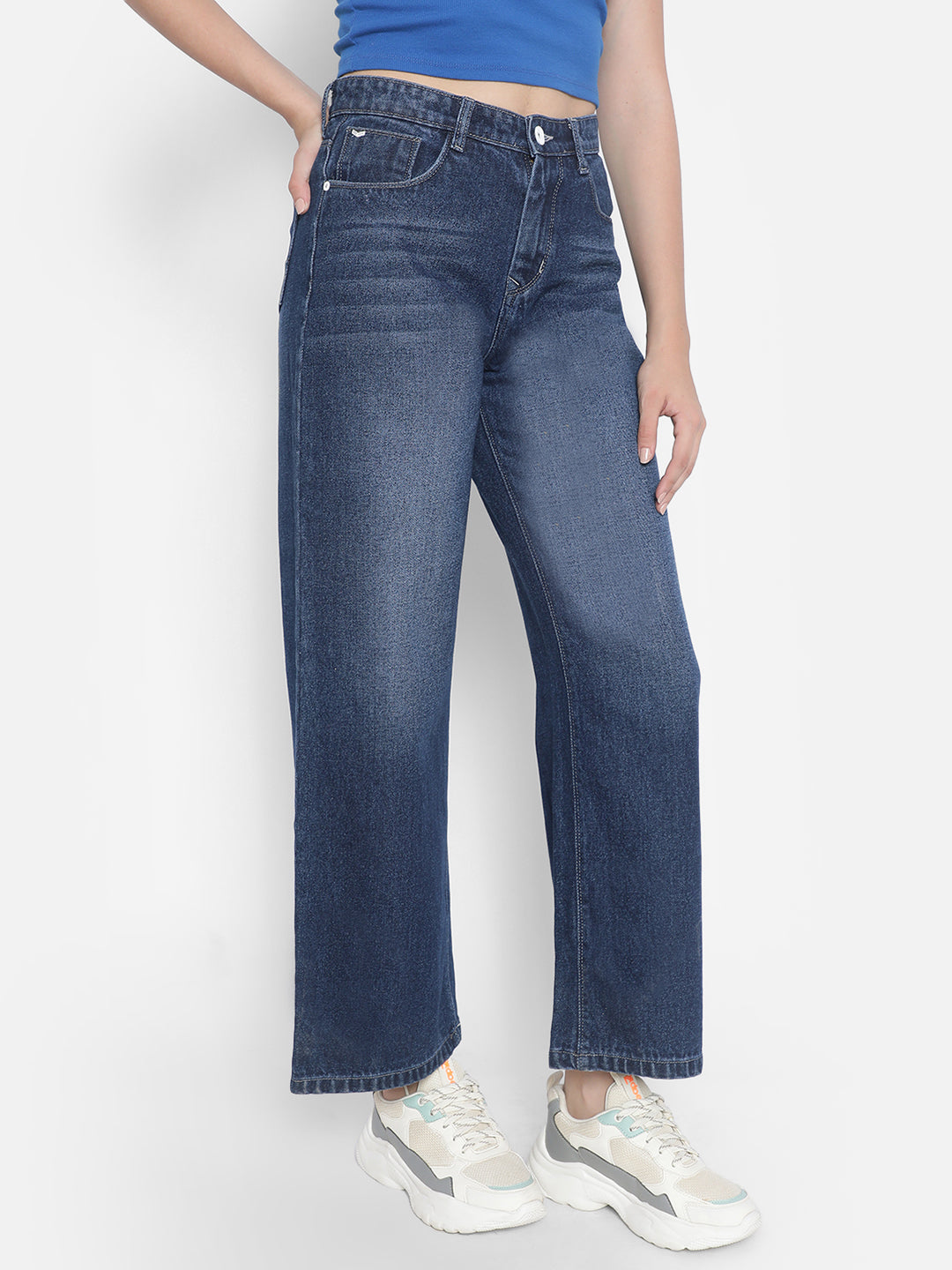 Blue Wide Leg Jeans-Women Jeans-Crimsoune Club