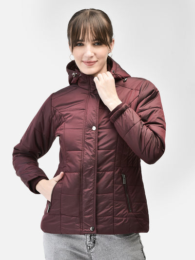 Wine Hooded Puffer Jacket-Women Jackets-Crimsoune Club