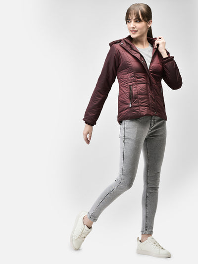 Wine Hooded Puffer Jacket-Women Jackets-Crimsoune Club