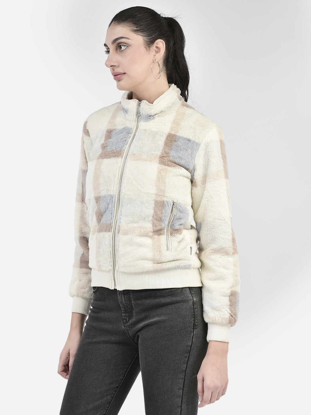 Brown Checked Fur Jacket-Women Jackets-Crimsoune Club