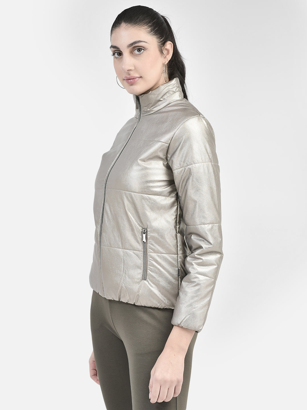 Grey PU Leather Jacket-Women Jackets-Crimsoune Club