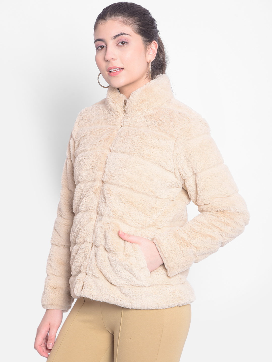 Beige Fur Jackets-Women Jackets-Crimsoune Club