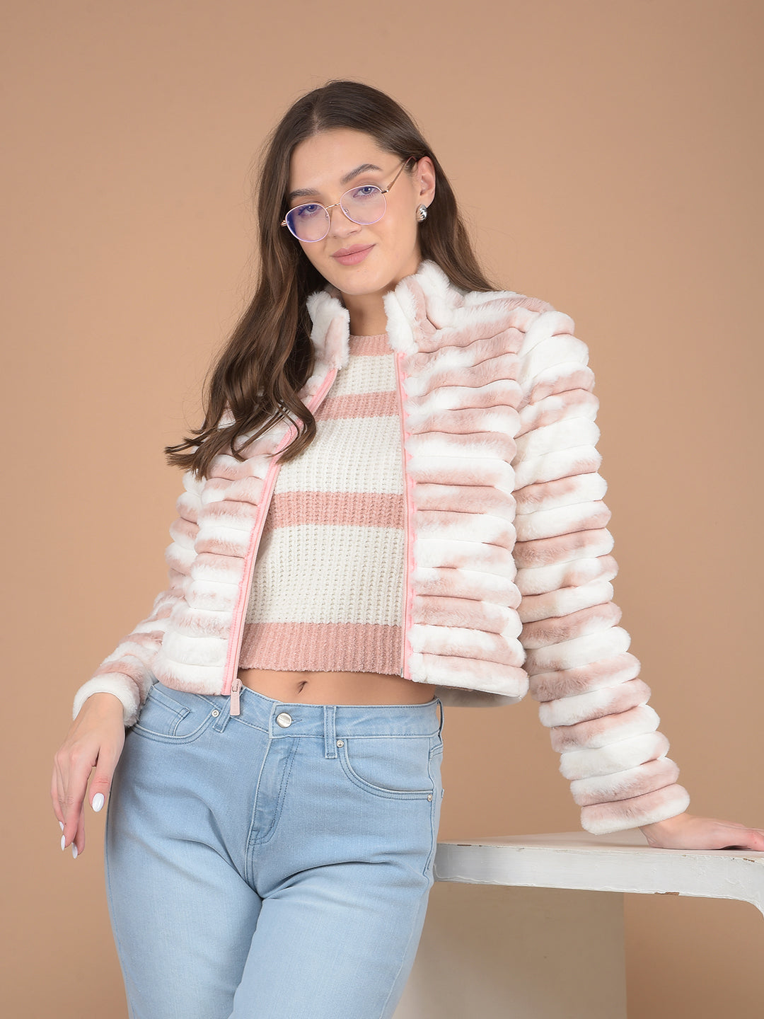 Pink Printed High Neck Fur Jacket-Women Jackets-Crimsoune Club